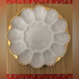 Anchor Hocking Fire King Deviled Egg Tray Milk Glass White Gold Trim 10 Inch